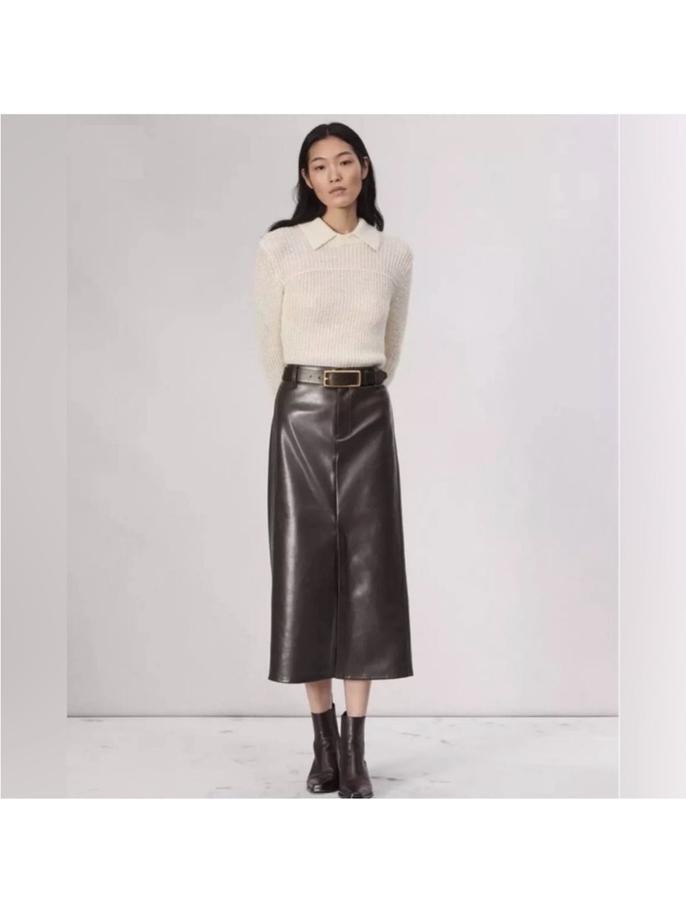 rag & bone Brown Faux Leather Midi Skirt